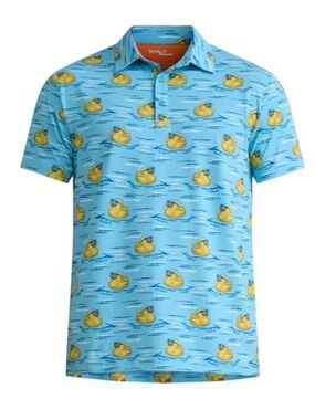 Birdie Bound Men’s Golf Polo Shirt Blue Rubber Duck Print Short Sleeve S